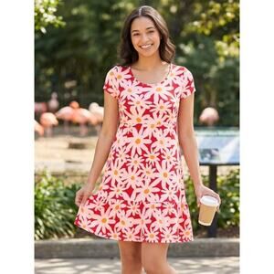 PLANET GOLD Red Daisy Print Babydoll Dress L NWT